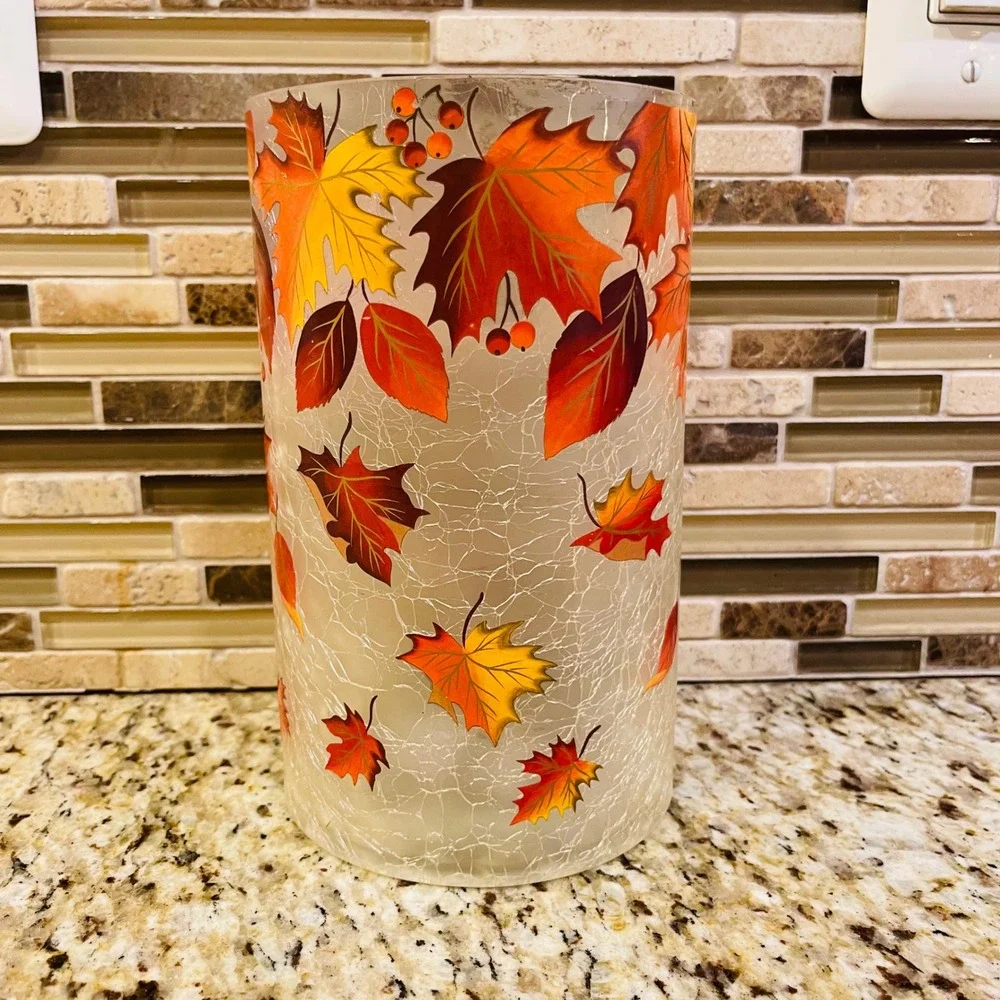 Yankee Candle Fall Leaf Crackle Glass Hurricane Candle Holder Sleeve 1711150
